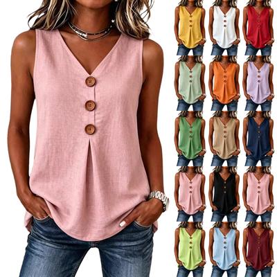 Dameskatoen Linnen Vest, V-hals Knopen aan de Voorkant, Casual Mouwloos Topje, Lichtgewicht Ademend voor de Zomer, S-XL