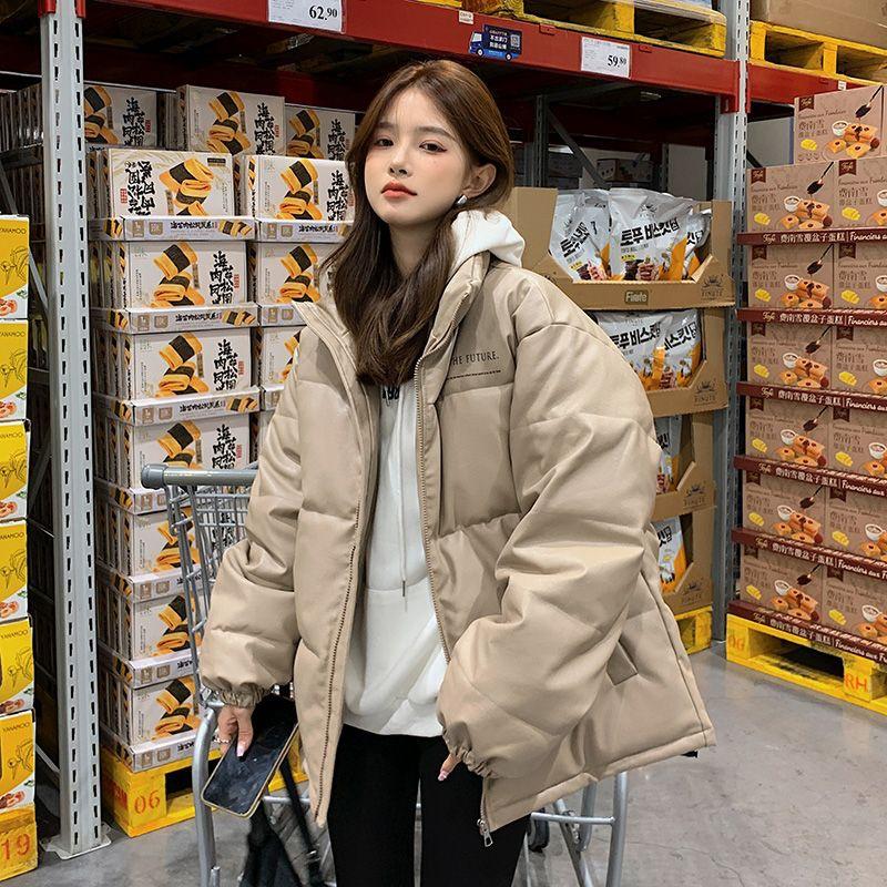 PU Leather Down Cotton Jacket for Women Winter New Thickened Cotton Jacket Korean Style Niche Jacket Cotton Coat