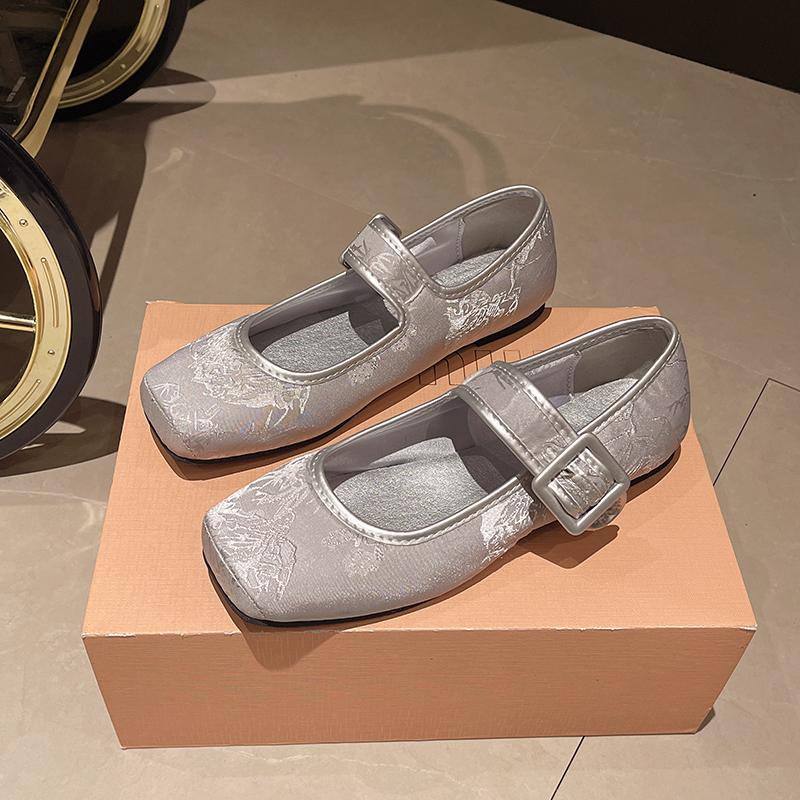 Fashion Spring New Low Heel Single Shoes Women's Square Head Shallow Mouth One Word Buckle Soft Sole Non-slip Low Top Shoes