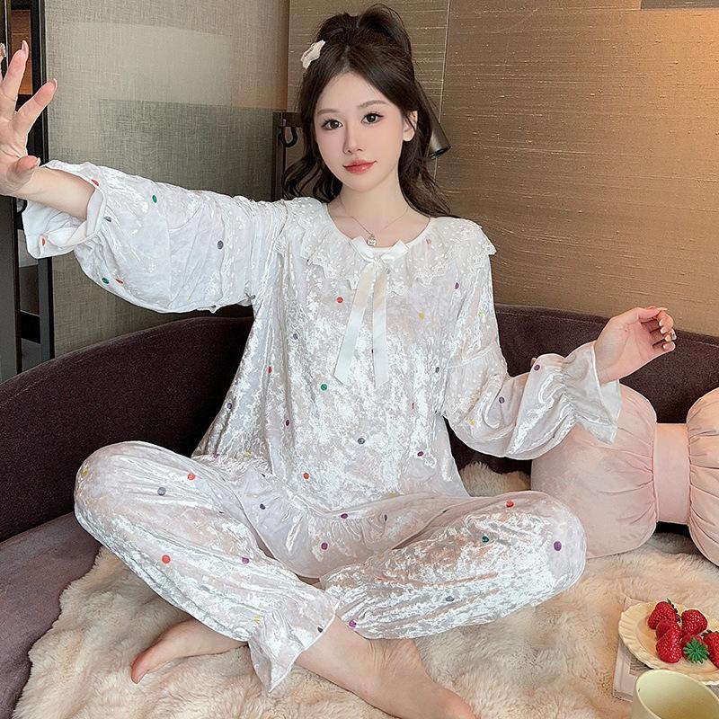 Linglei Autumn And Winter Golden Velvet Court Style Lace Pajamas Women'S Golden Velvet Long-Sleeved Trousers Autumn And Winter Loungewear