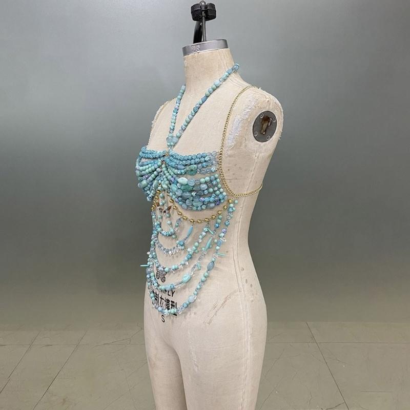 Sleeveless Acrylic Beaded Fringe Tassels Top Summer Casual Party Outfit Music Festival Body Chain Camisole for Women