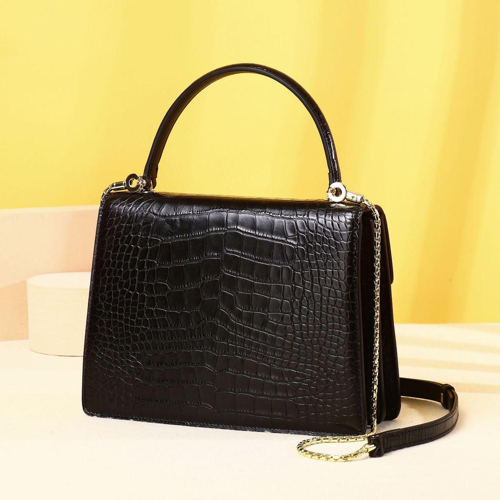 2025 New Brand Fashionable Small Square Shiny Crocodile Pattern Crossbody Handbag with Snake Head Design for Women