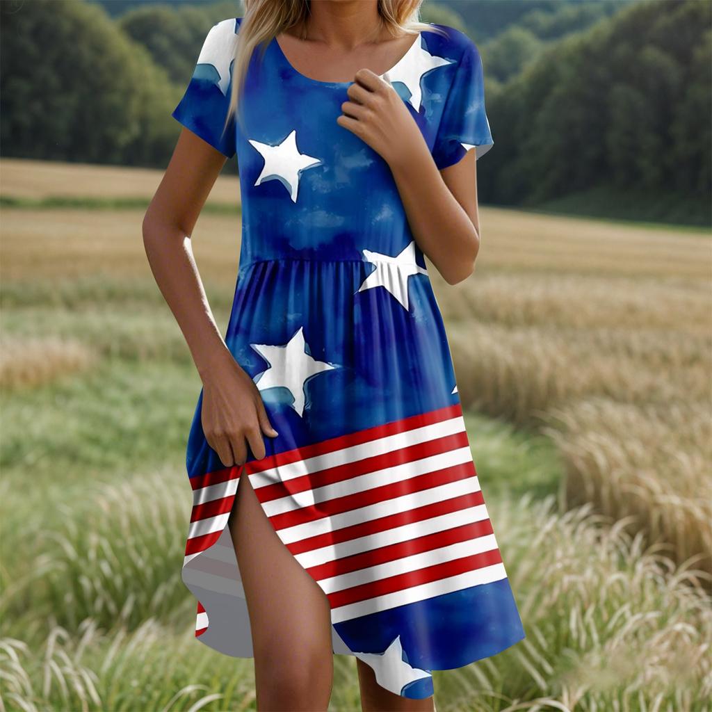 Women's Casual Fashion Round Neck Short Sleeve Independence Day Printed Midi Dress