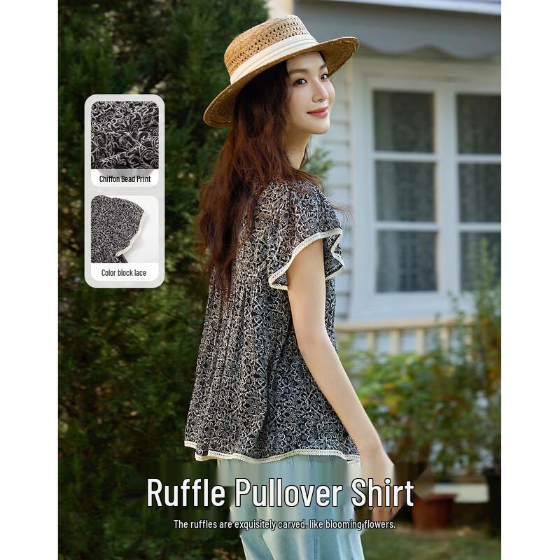 Demana Women s Summer Chiffon Print Flutter Sleeve Blouse M