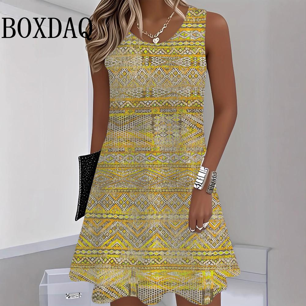 Women Ethnic Pattern Dress Summer Retro Women's Sleeveless 3D Print Loose A-Line Dress Casual Sundress Fashion Female Vest