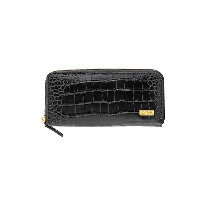 DANIEL&DOUGLAS Long Wallet, Daniel Douglas Leather Round Zipper Wallet, Brand Name, Men's (Black X Gold)