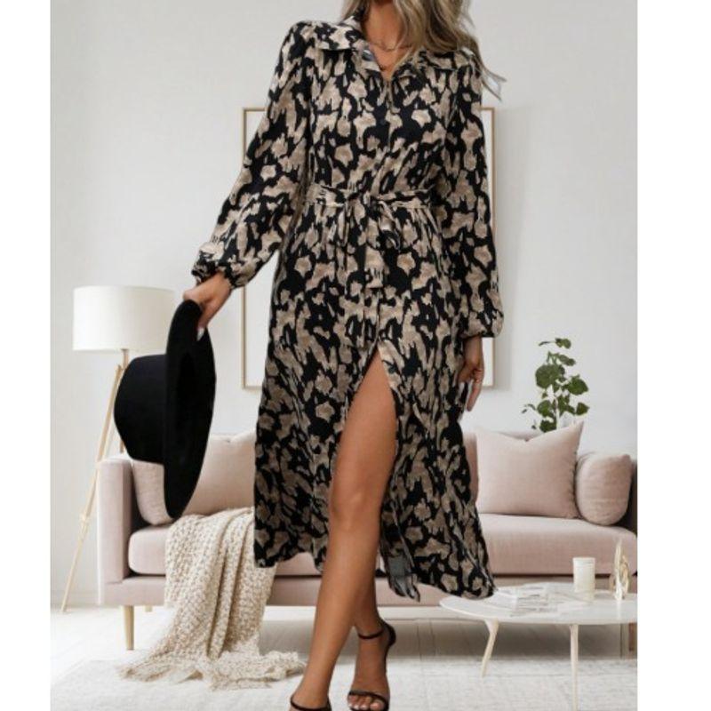 

Spring & Fall New Arrival Fashion Fashion Single-Breasted Print Elegant Mid Length Long Length Cardigan Long Sleeves Shirt Dress Dress Black(Figure) XL