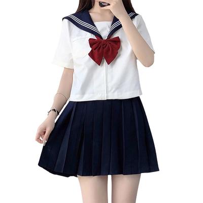 GSYCL Sailor Authentic Navy Blue with Red Long Short High School JK Pleated Perfect for Plus Cute Sleeve Uniform, Bow, Sleeves, Sleeves, Girls,