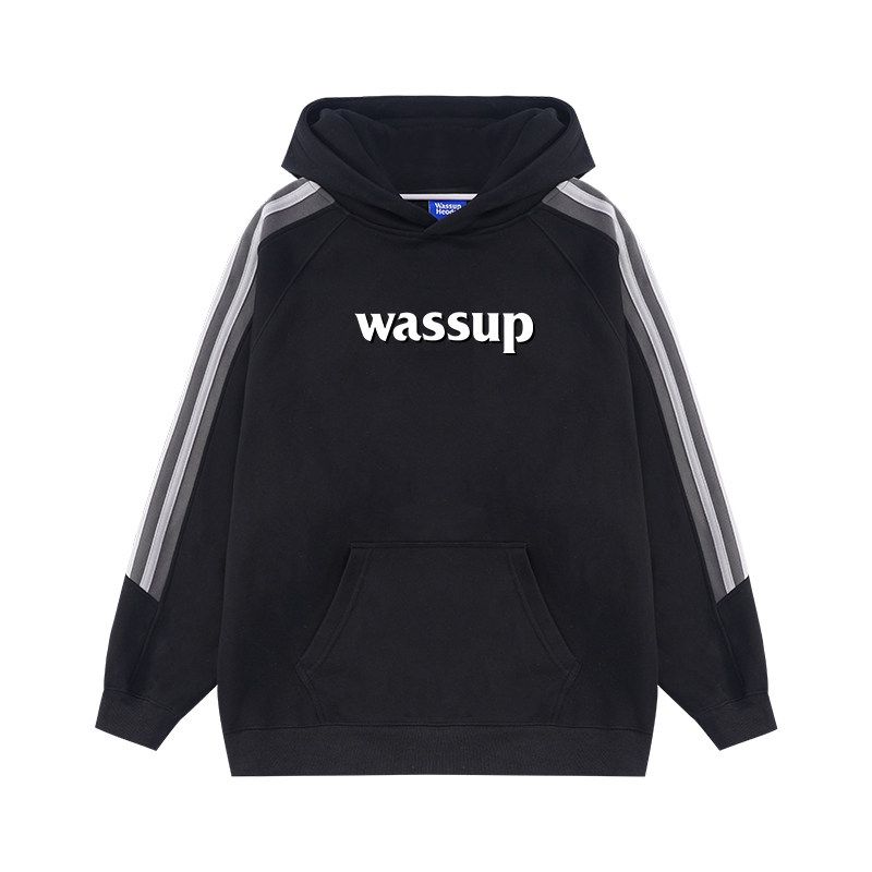 

Wassup Heods Three-Stripe Letter Trendy Brand Hooded Sweatshirt for Men, Autumn and Winter Loose Casual Couple Versatile Top Black 2XL