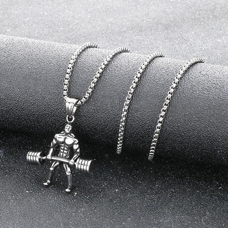 Fashionable Fitness Muscular Man Necklace Barbell Hip-Hop Style Retro Blackened Weightlifting Men's Pendant