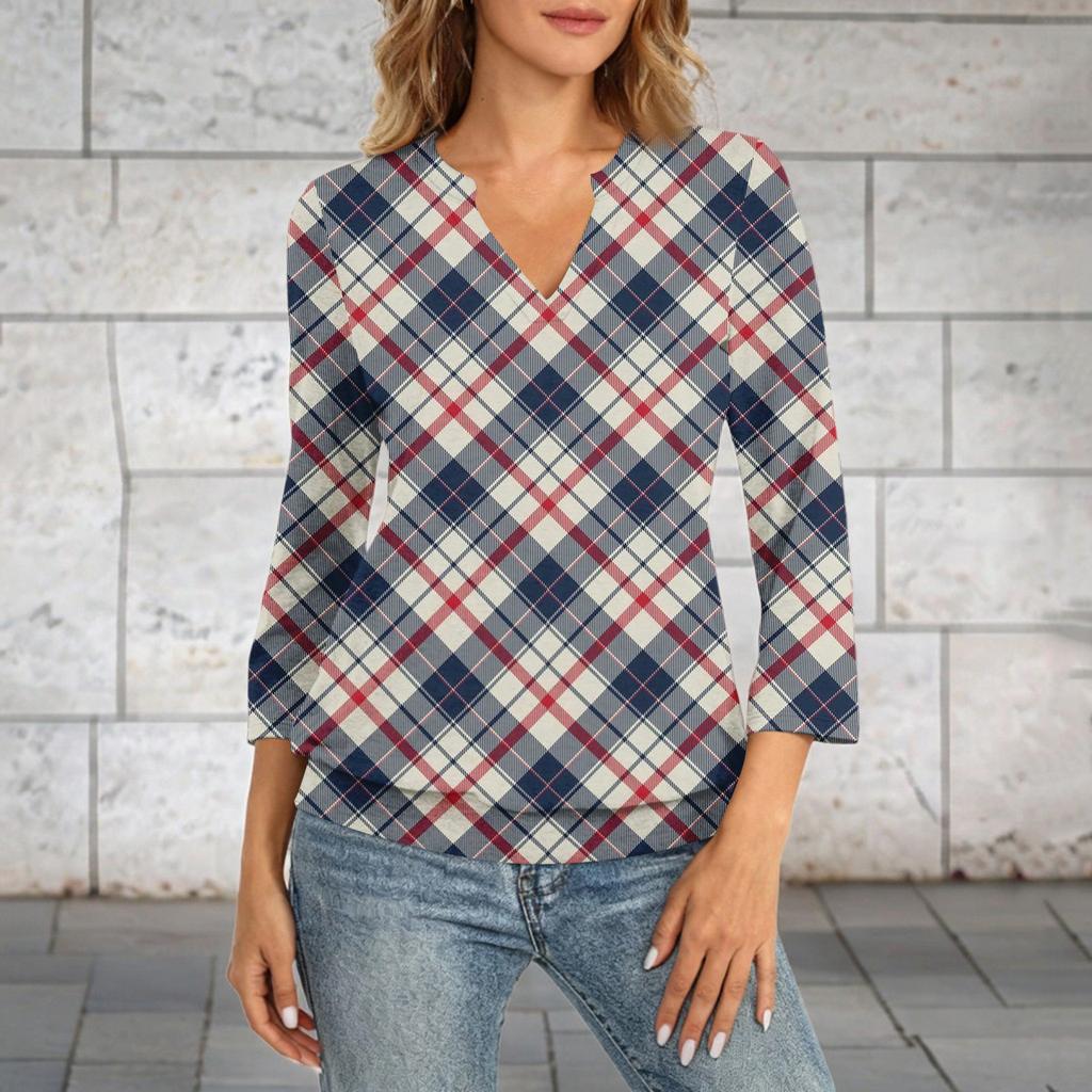 Damen 3/4 Ärmel Oberteil Saum V-Ausschnitt Sommer Lässig Hemd Kariert Bedrucktes Oberteil