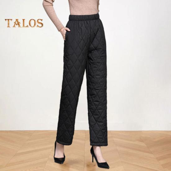 Autumn Winter Cotton Pants Rhombus Quilted Straight Wide Leg Long Pants with Pockets Solid Color Thickened Warm Trousers