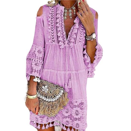 V Neck 45720 Sleeve Cold Shoulder Front Lace-up High-Waist Boho Dress Retro