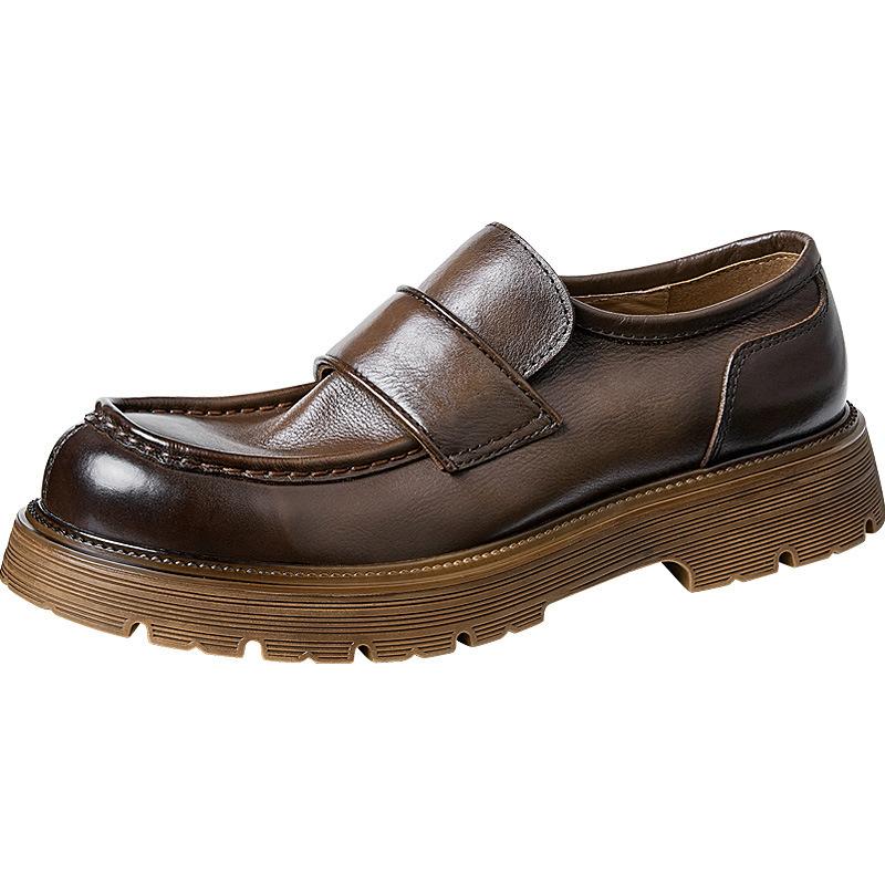 Premium Soft Cowhide Heightened Platform Loafers British Summer Casual Leather Shoes Genuine Leather One-Pedal Commuter Men'S Shoes