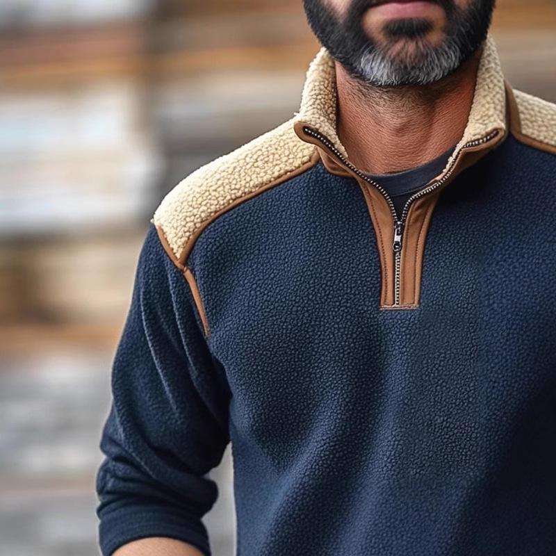 2025 Men's Retro Color Block Stand Collar Lambswool Zipper Sweatshirt - Autumn/Winter Collection