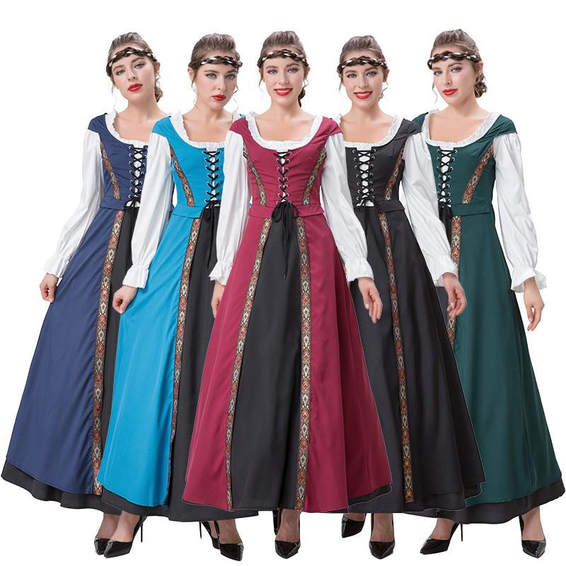 Stylish Renaissance Inspired Square Neck Dress Set In Rich Colors For Theatrical Performances