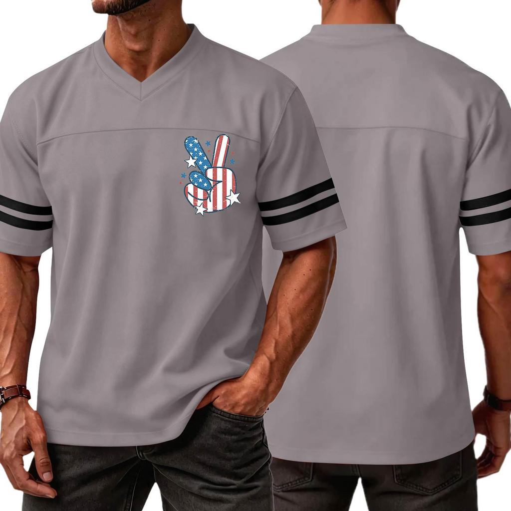 Men V Neck Casual Short Sleeve Jersey Shirt with Independence Day Print and Striped Sleeves for Sports and Wear