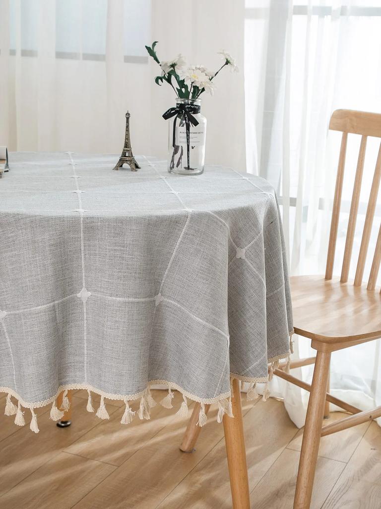 Solid Embroidery Lattice Tablecloth Cotton Linen Dust-Proof Checkered Table Cover For Kitchen Dinning Tabletop Decoration