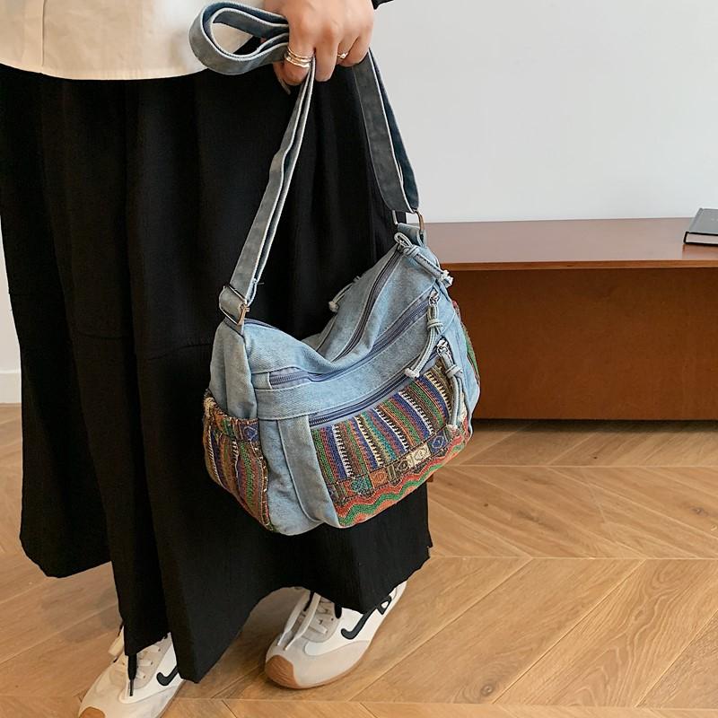 Simple Women’S Denim Shoulder Bag Ladies Small Multi-Pocket Zipper Closure Stylish For Daily Use Shopping Travel