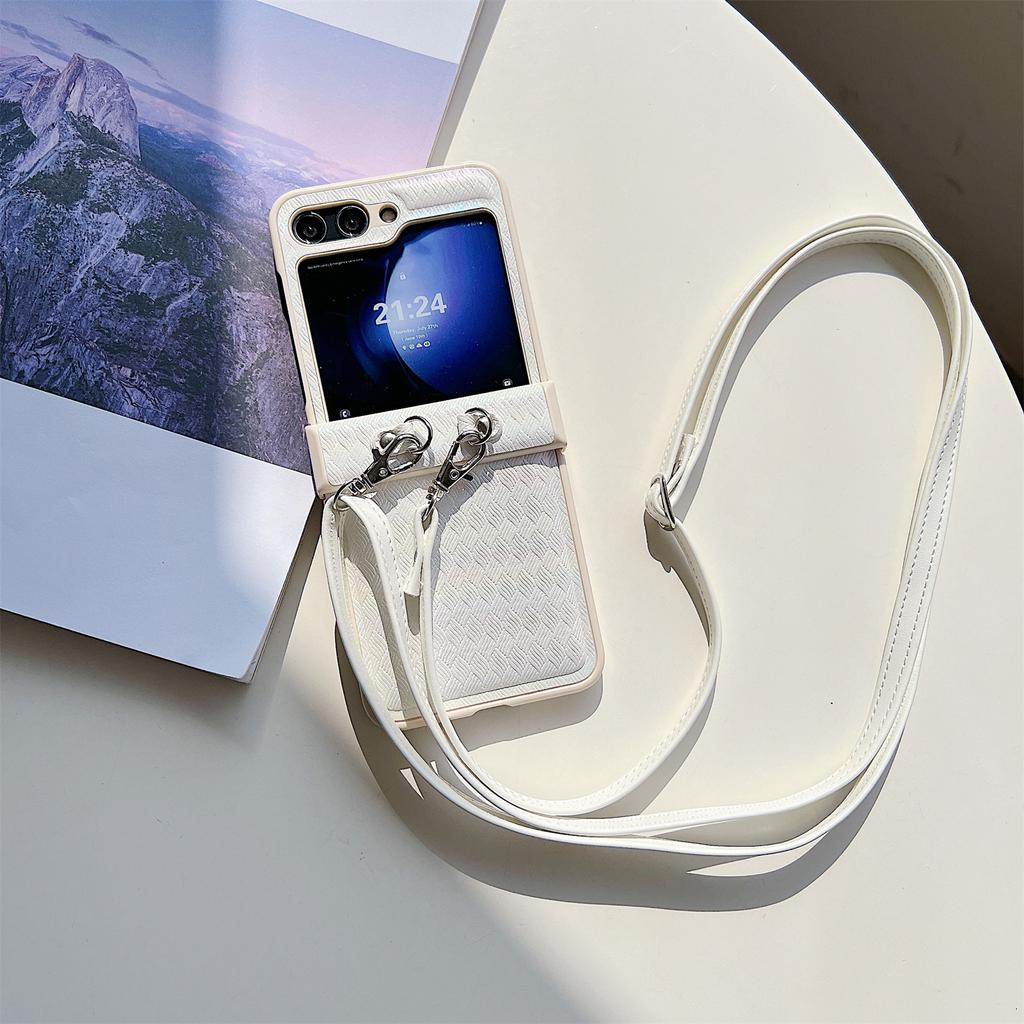 For Samsung Galaxy Z Flip5 5G Case Laser Rhombus Imprinted PU+PC Phone Cover with Crossbody Strap