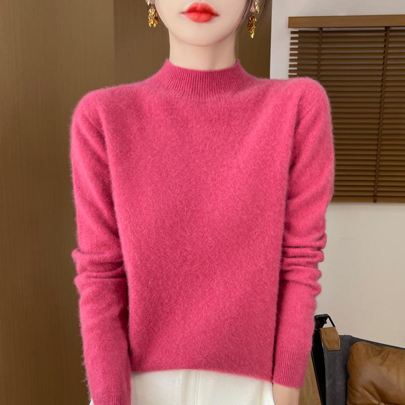 Women's Soft Pure Wool Sweater - Half-High Neck, Slimming, Fashionable, Skin-Friendly Knit