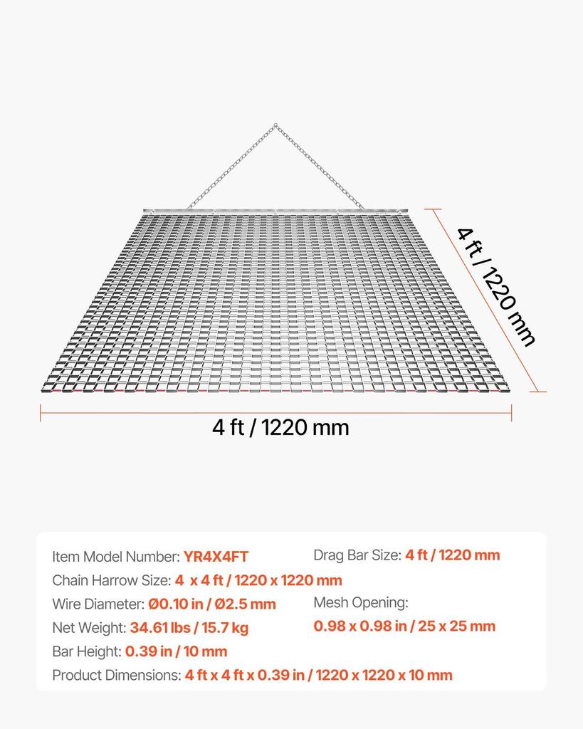 Drag Harrow, 1.2x1.2 M , High-Efficiency Chain Harrow Rake, ATVs UTVs Tractors Attachments, Durable Galvanized Steel Mesh Drag Mat with Towing Chain,