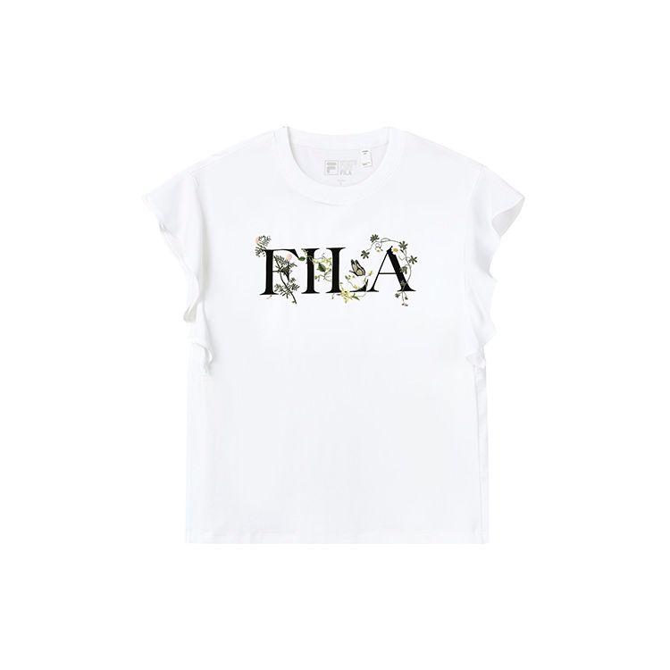 Fila Butterfly Plant Floral Logo Print Loose Knit Sports Short Sleeve Ruffle Sleeve T-Shirt Women tops White F11W228119FWT L