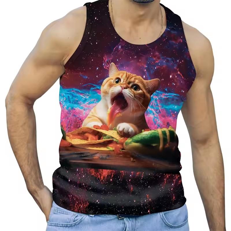 Funny Alien Cat 3D Print Tank Tops Men Clothing Cartoon Animal Letter Vest Cool Sleeveless Harajuku Streetwear Tops Tees