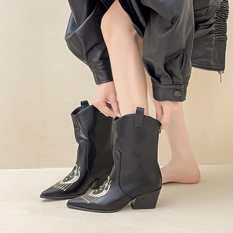 Fashion Pointed Print Leather Boots Thick Heel High Heel Sleeve Short Boots Women's Autumn and Winter Retro Suede Temperament Medium Tube Martin Boots