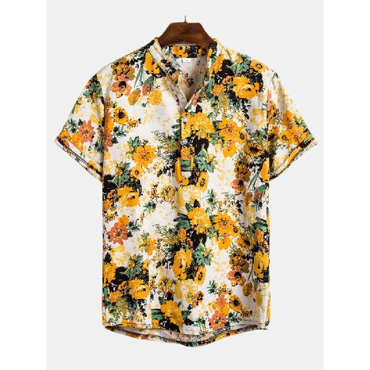 

Men s Casual Stand Up Collar Abstract Painting Floral Print Shirt Summer New Short Sleeved Slim Fit Versatile Shirt M