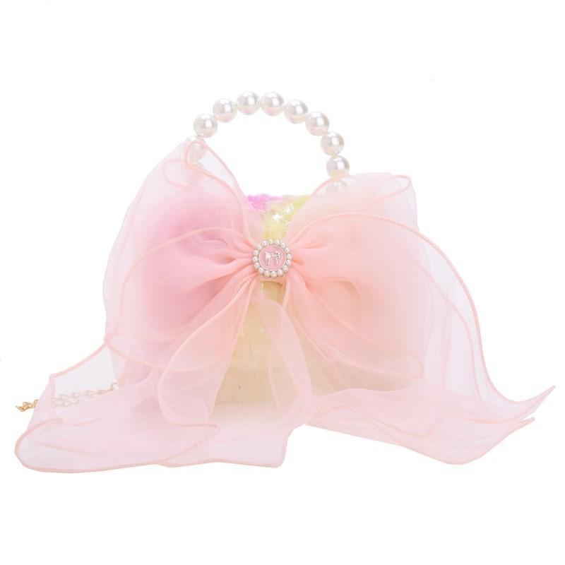 Lovely And Eye-catching Pearl Handled Bowknot Purse For Kids In Soft Pink For Daily Wear