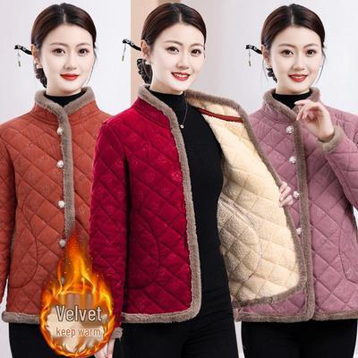 Autumn Style Cotton Jacket: Stand Collar, Plus Velvet, Warm Outerwear for Mid-Aged and Elderly Women