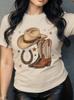 Women's Printed T-Shirt with Cowboy Boots and Hat Horseshoe and Stars Design In Various Colors Vintage-Style T Shirt Clothes 90s