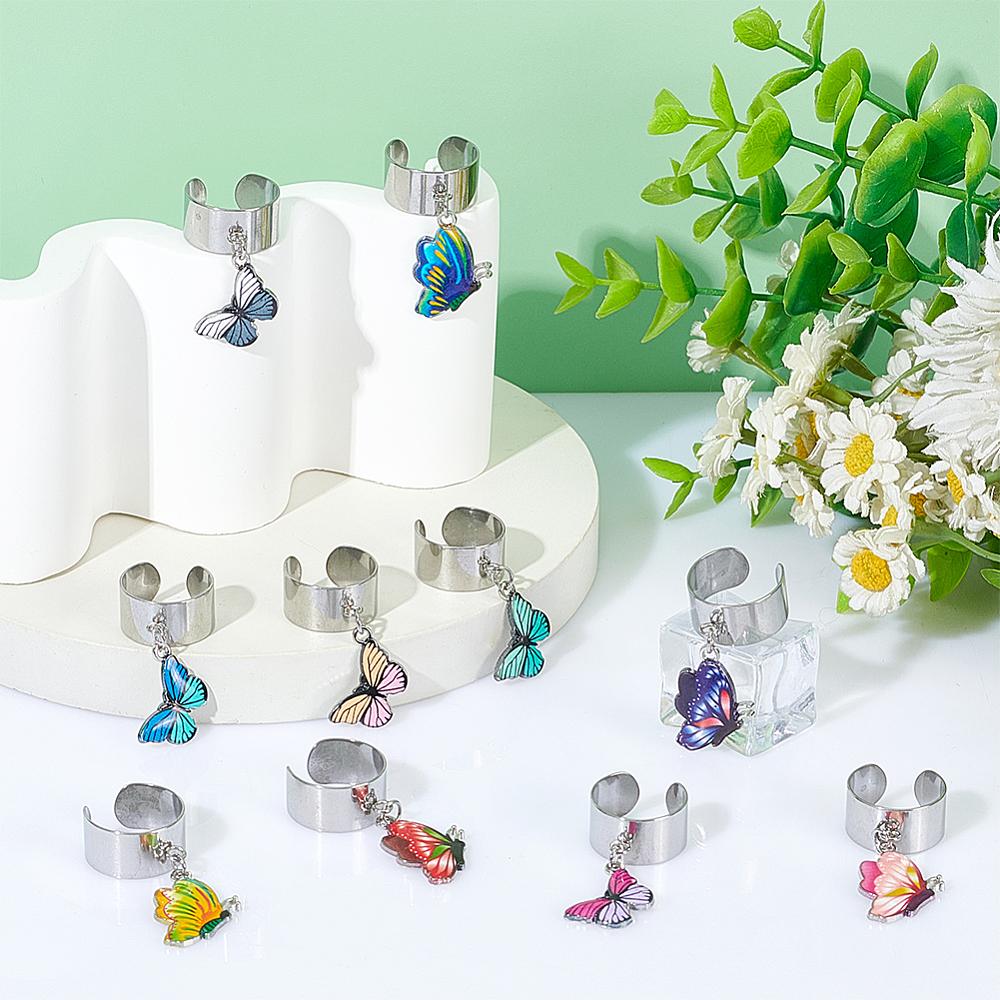 10Pcs 10 Styles 304 Stainless Steel Open Cuff Finger Ring, with Alloy Enamel Butterfly Pendants, Mixed Color, Inner Diameter: 17~18mm, 1pc/style