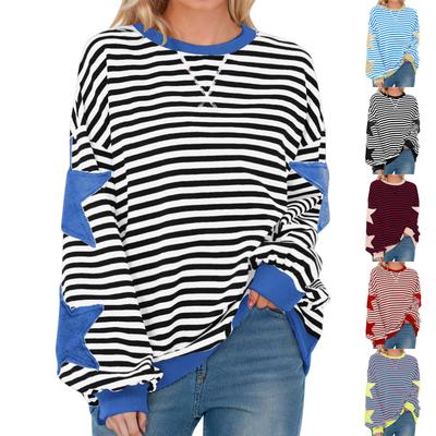Damenmode Gestreift Sternenprint Rundhals Langarm Pullover Colorblock Pullover Sweatshirt Oberteil