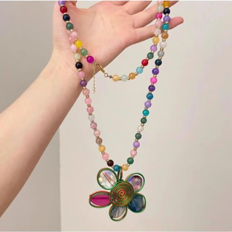 Summer Dopamine Color Beaded Flower Pendant Necklace Spring and Summer Accessories Double Layer Stacked Collarbone Chain Women