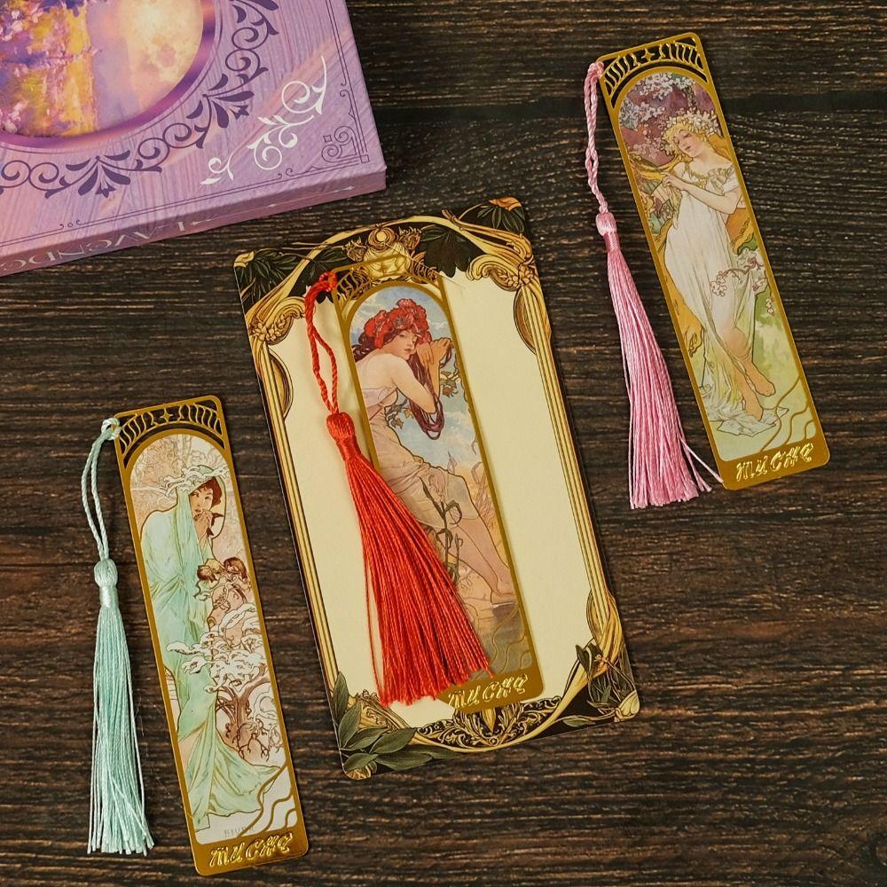 Mucha Retro Stil Quaste Metall Lesezeichen Ästhetische Lese Buch Büroklammer Buchliebhaber