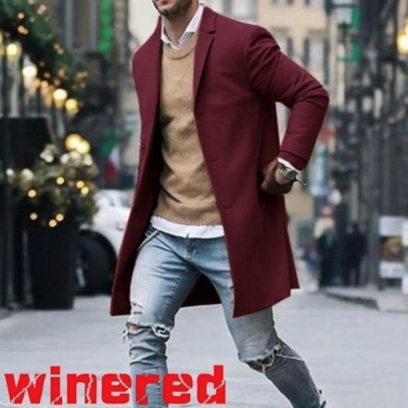Cappotto monopetto di lana di media e lunga lunghezza da uomo, tinta unita, autunno e inverno, vestibilità attillata, taglia grande