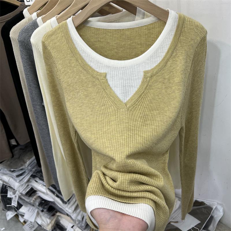 Contrasting Color Splicing Fake Two-piece Pit Strip Long-sleeved Knitted Sweater Women's Autumn and Winter New Slim-fitting Inner Bottoming Shirt Top