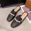 Women Slip On Mules Low Heel Backless Square Toe Half Slippers Pearl Chain Decoration Casual Outdoor Shoes