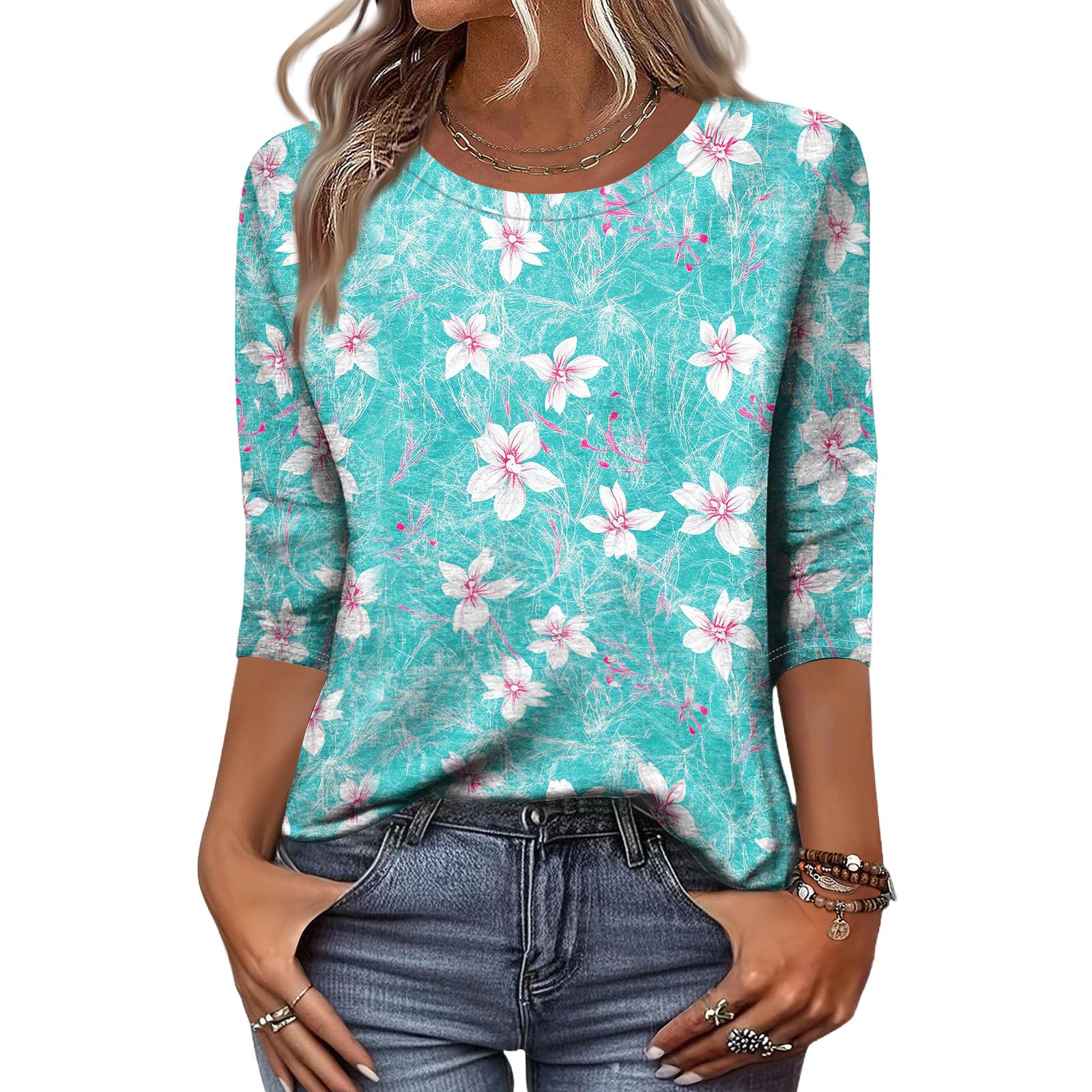 

Women s Fashion Casual Round Neck 3/4 Sleeve Loose Printed T-Shirt Ladies Top L синий