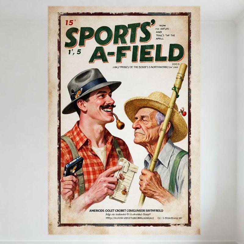 Винтажная жестяная табличка  SPORTS  A-FIELD  обложка июньского журнала Ретро Мужчины с Фотоаппаратом Соломенная Шляпа Металлический Постер для Бара Домашний Декор Стен 20x30cm（7.8x11.8inch）