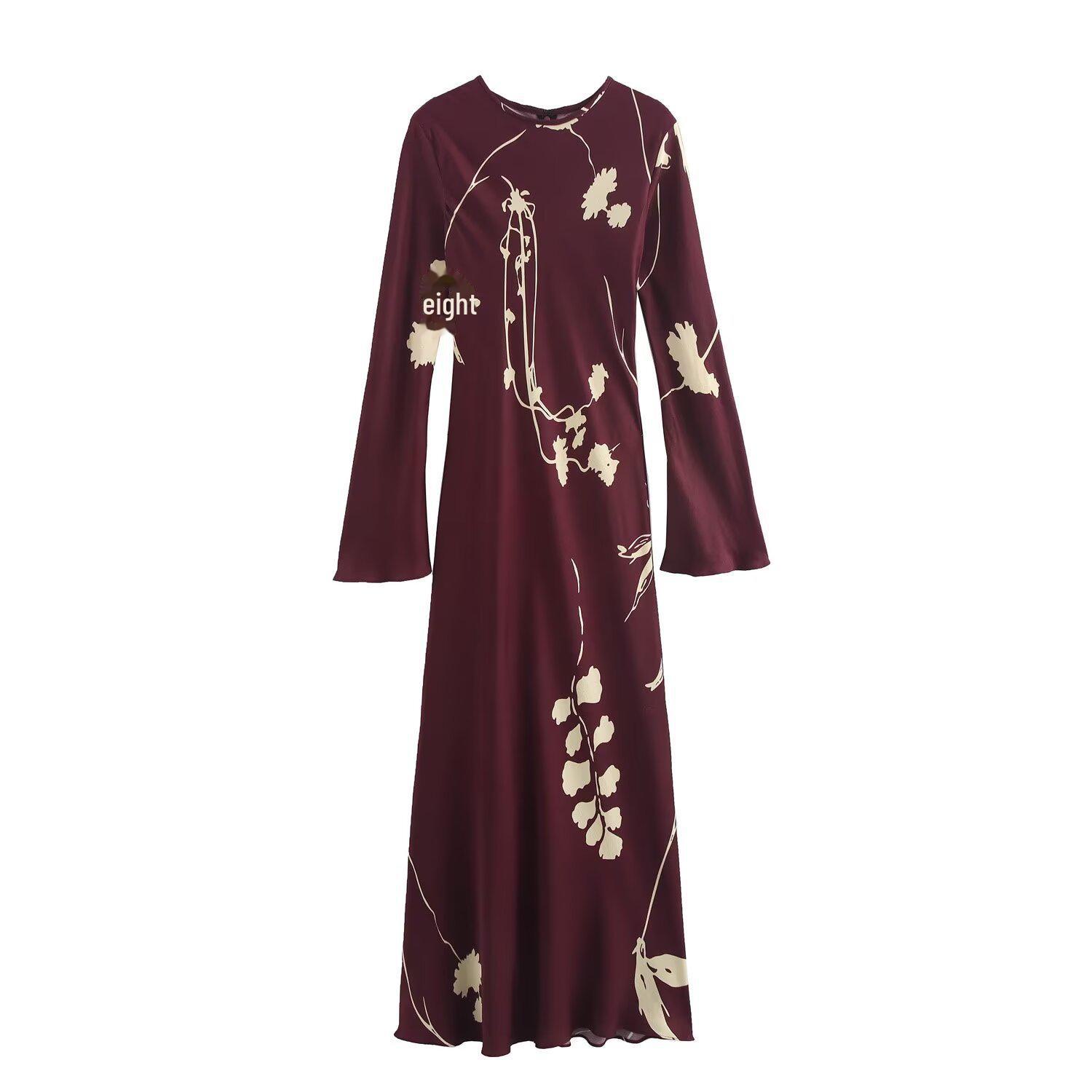 

Женское платье из шелкового атласа с круглым вырезом и принтом в европейском и американском стиле с рукавами-трубами Extra Small