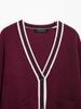 2025 Spring V-Neck Dark Red Color Block Stripe Knit Cardigan - European & American Style