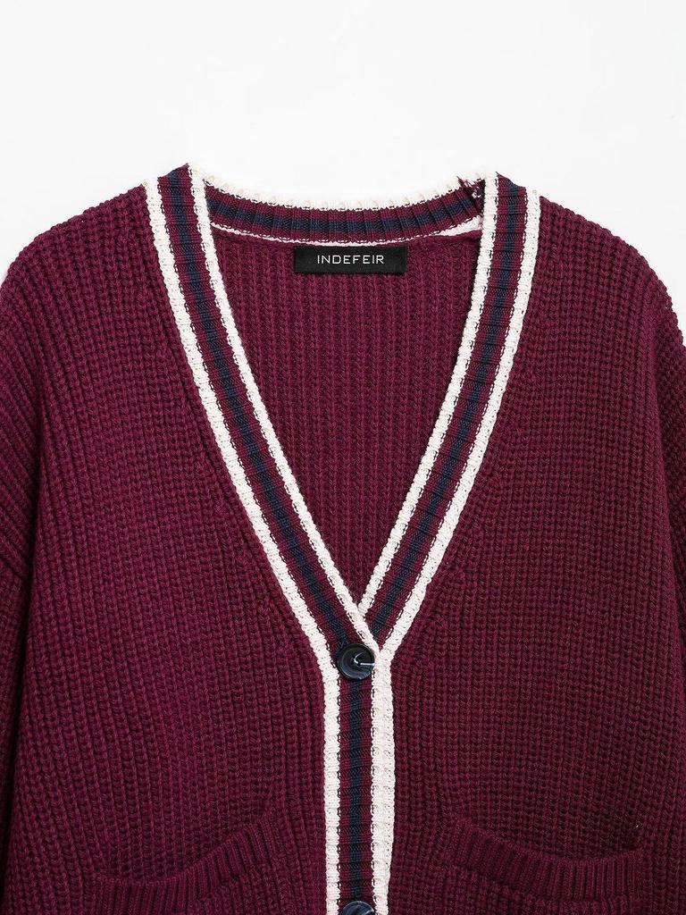 2025 Spring V-Neck Dark Red Color Block Stripe Knit Cardigan - European & American Style