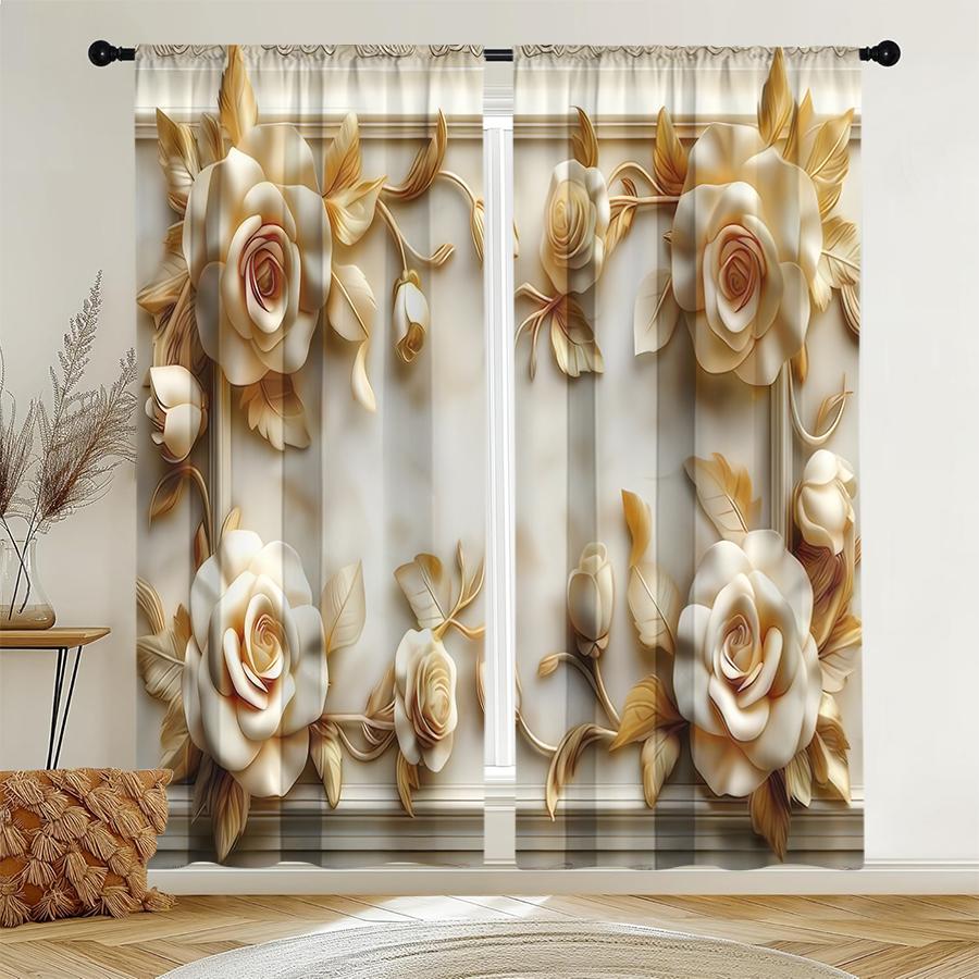 2pcs  Golden and white rose curtains   European court style living room   bedroom   drawbar   pocket style window decoration