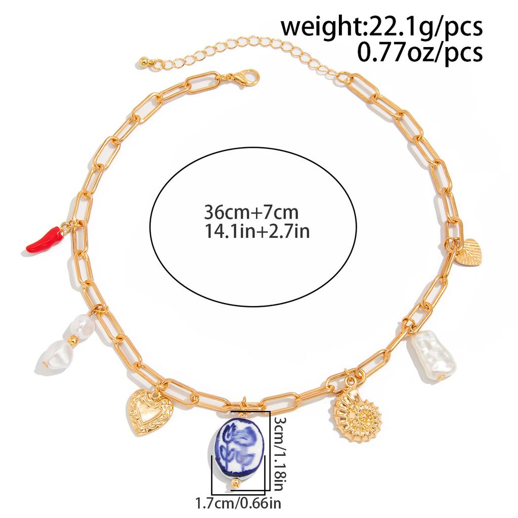 Geometry Chain Barlot Imitation Pearl Pendant Necklace For Women Vacation Heart Peandnt Handmade Collarbone Chain N0517