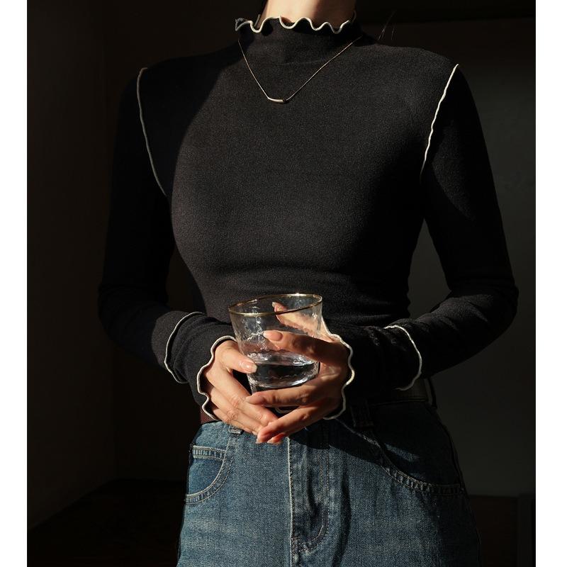 Autumn and Winter Women's Bottom Shirt Wooden Ear Side Half High Neck Dralon Bottom Shirt Inside Long Sleeve Top