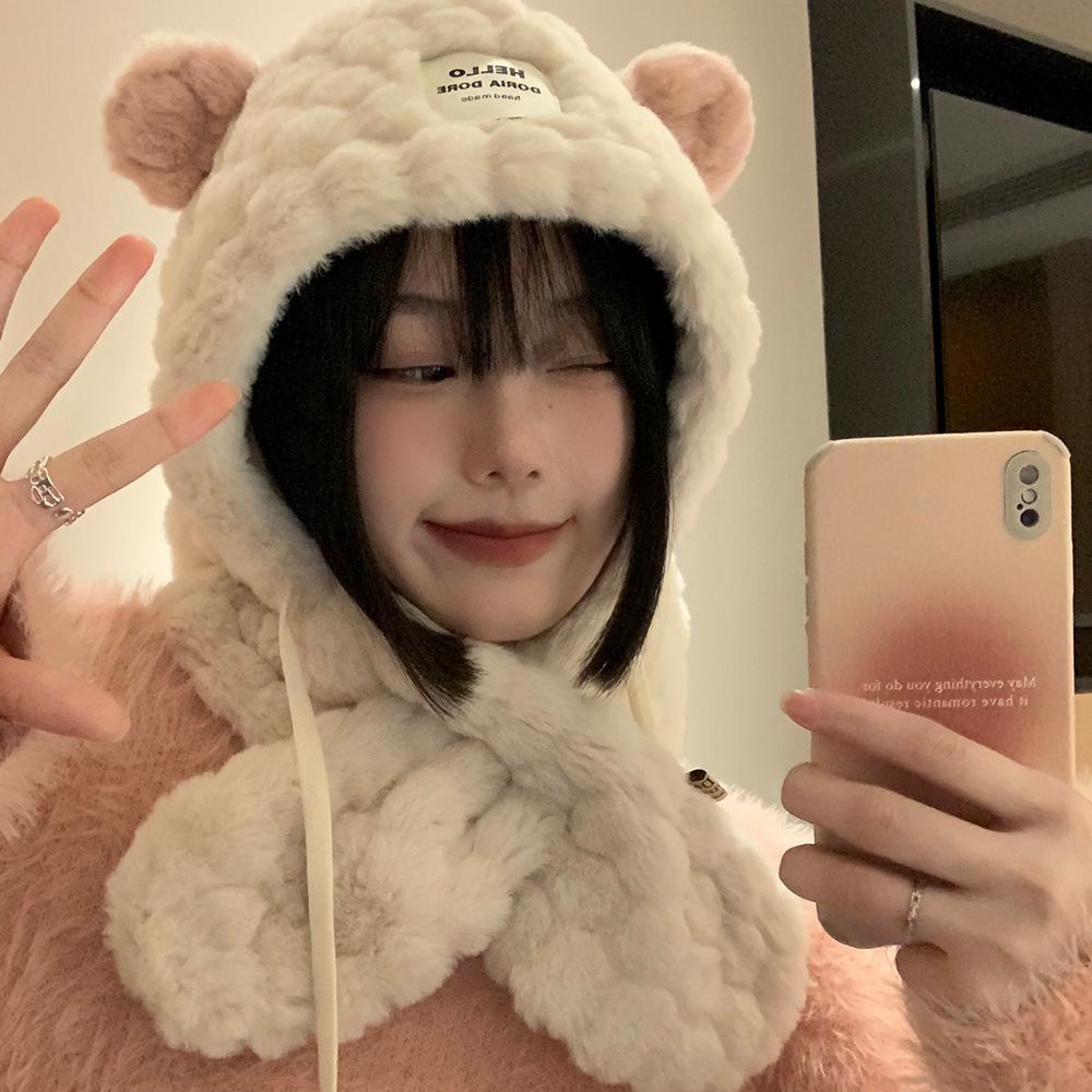 Chapéu e Cachecol Fofos com Orelhas de Urso Tudo em Um Feminino Inverno Estilo Coreano Pelúcia Espessado Quente Ciclismo Proteção para Orelhas Chapéu