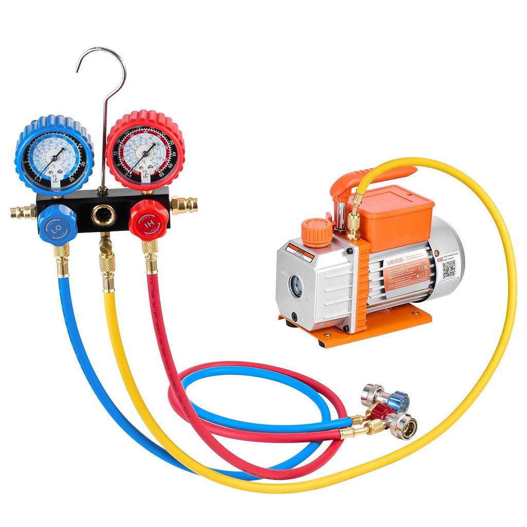 AC Vacuümpomp en Manometer Set, 3,5 CFM 99 L/min, Enkeltraps Roterende Schotten HVAC Vacuümpomp, A/C Manifold Manometer Kit, voor R134a R22 R410a R1234YF R32,